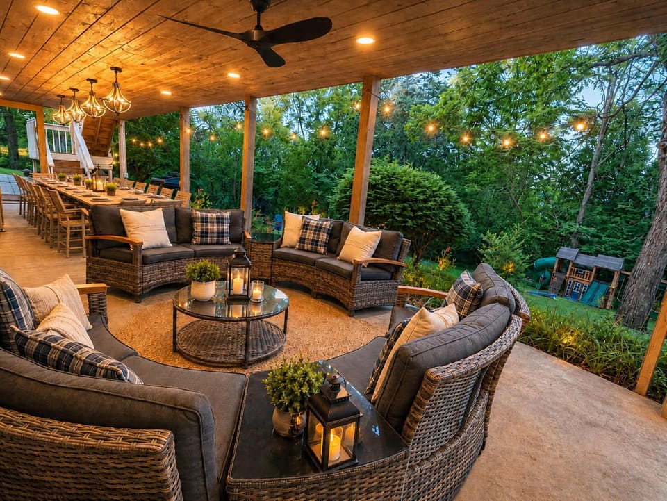 Outdoor massive covered designer entertainment Porch with Tongue and Groove and ambient lighting