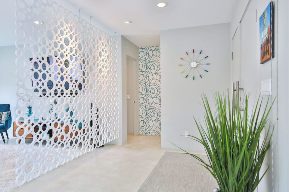 Inviting hallway space showcasing unique architectural and decor elements.