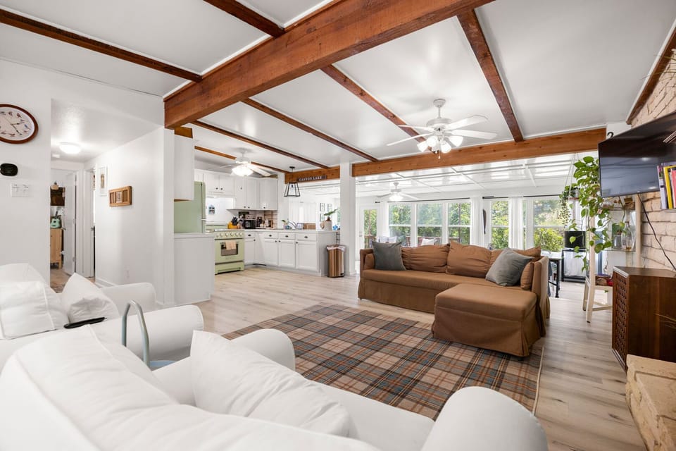 Open living, dining, kitchen