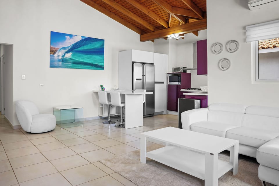 Large, bright living room, high ceiling. Open kitchen. Leather sofa and seats.