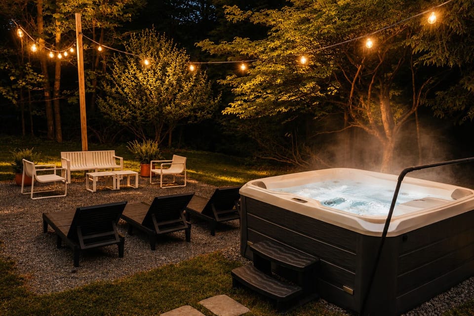 Soak in the hot tub under the string lights after a full day out. Lounge chairs and a small seating area nearby give you room to dry off and relax before heading back in.