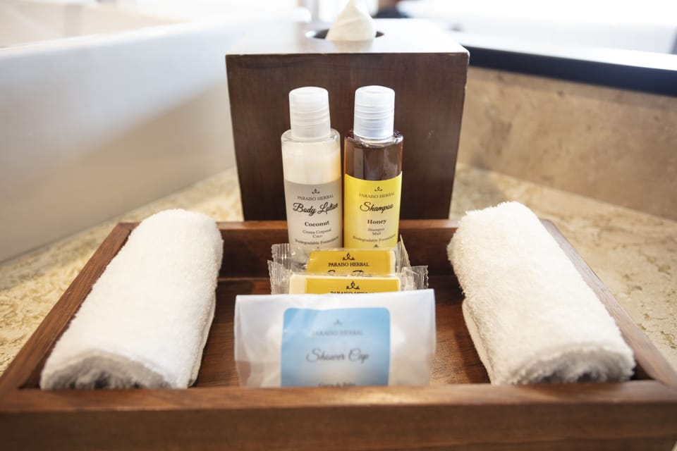 Free toiletries, hair dryer, towels, soap
