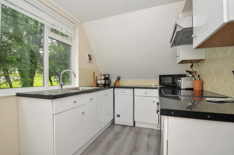 Fridge, microwave, dishwasher, cookware/dishes/utensils
