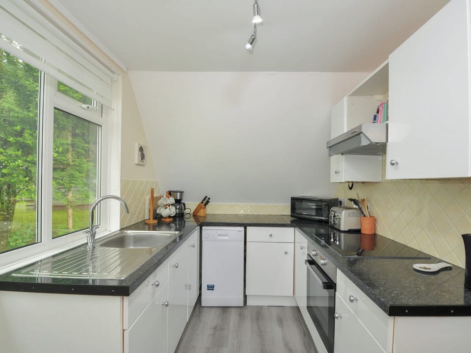 Fridge, microwave, dishwasher, cookware/dishes/utensils