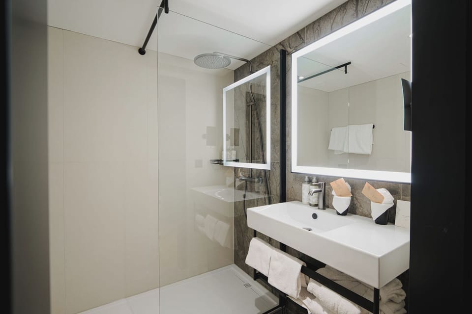 Deluxe Double Room, Balcony, Park View | Bathroom | Shower, hair dryer, towels