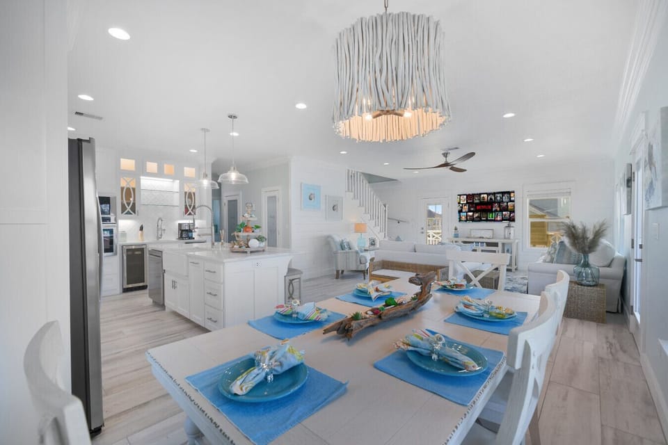 Gather for meals with an ocean breeze feel