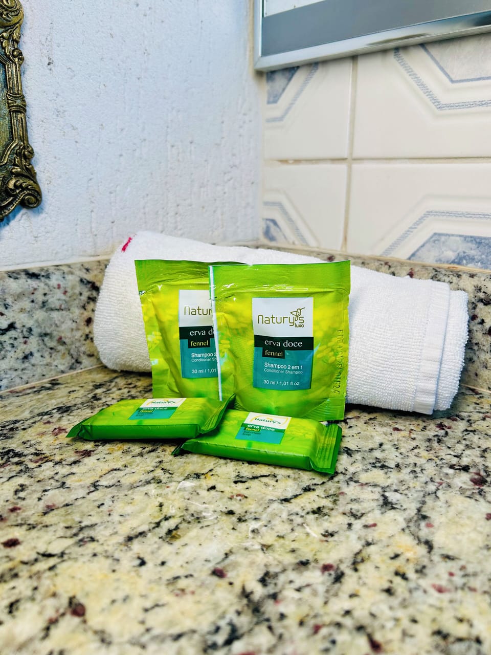 Shower, towels, soap, shampoo