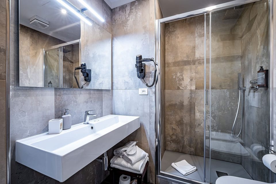 Shower, free toiletries, hair dryer, bidet