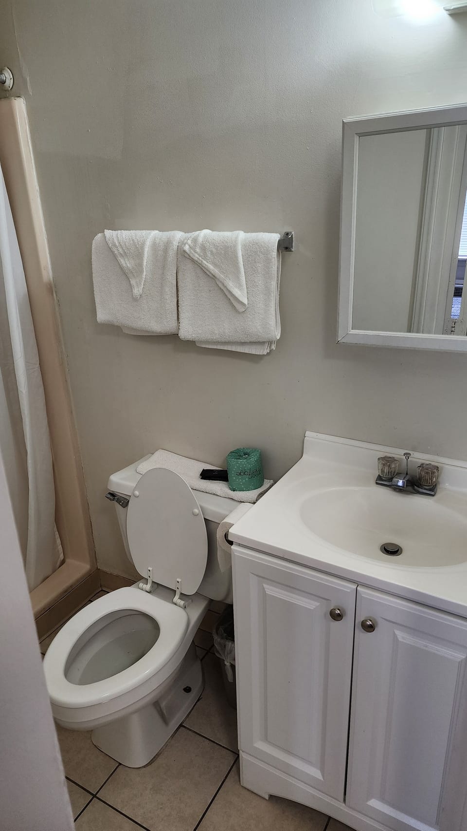 Combined shower/tub, towels, toilet paper