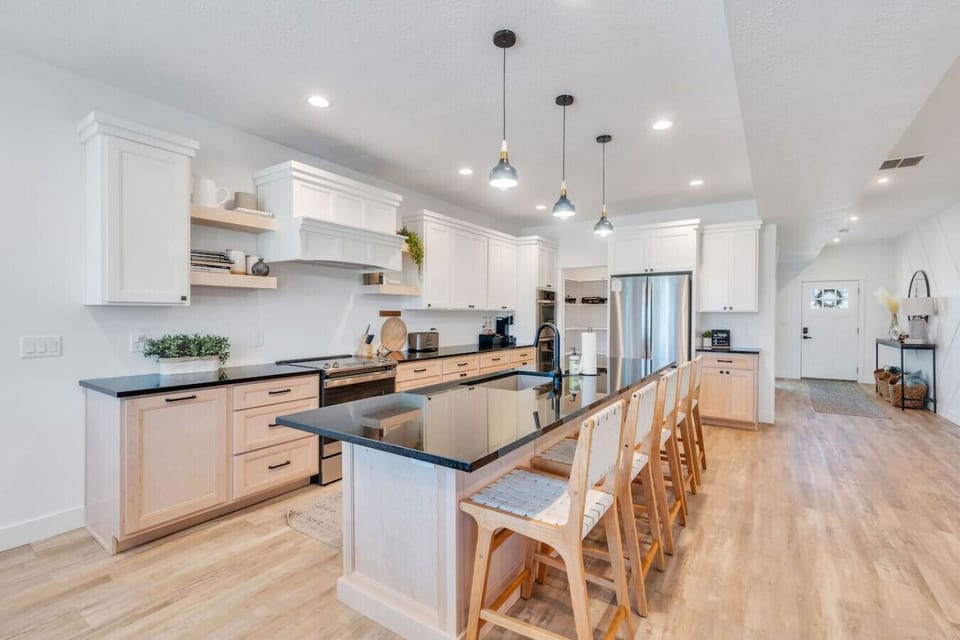 Spacious kitchen island with seating for five