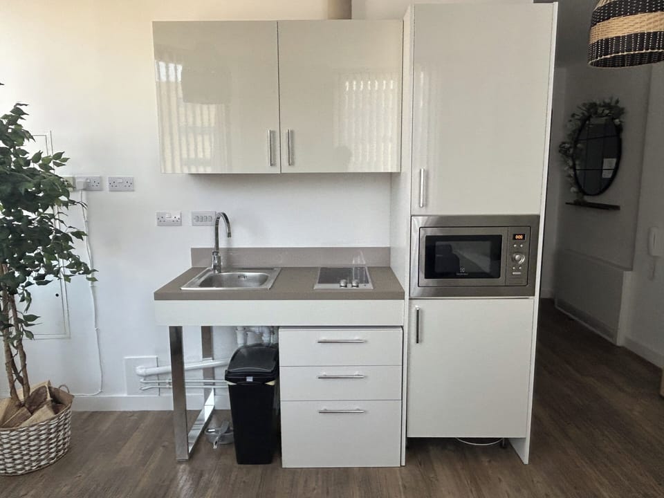 Fridge, microwave, stovetop, electric kettle