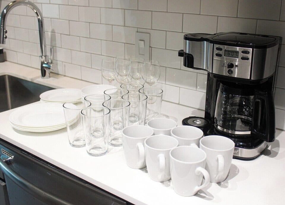 Coffee maker with single serve and full pot options + All the glassware and place settings you need!