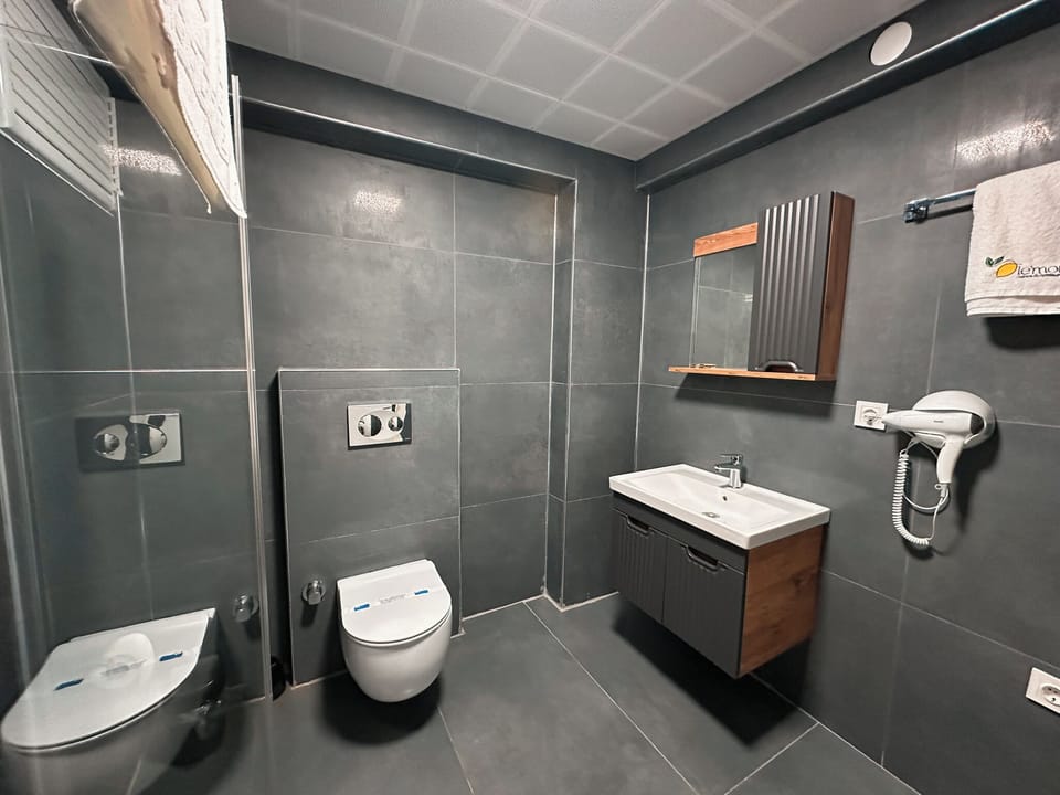 Shower, hair dryer, slippers, towels