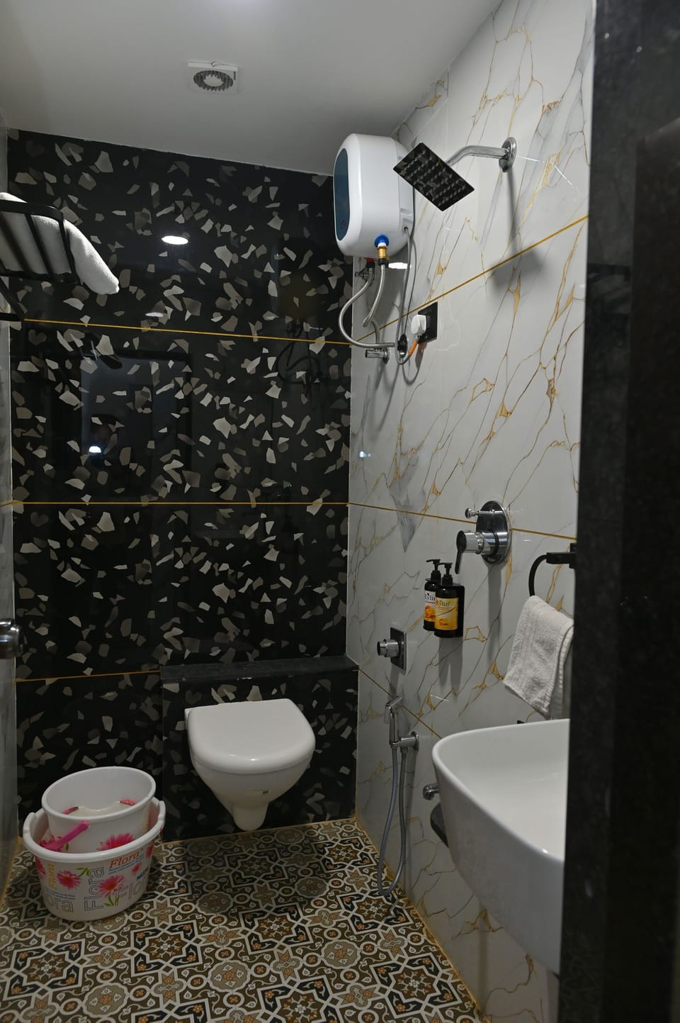 Shower, slippers, towels