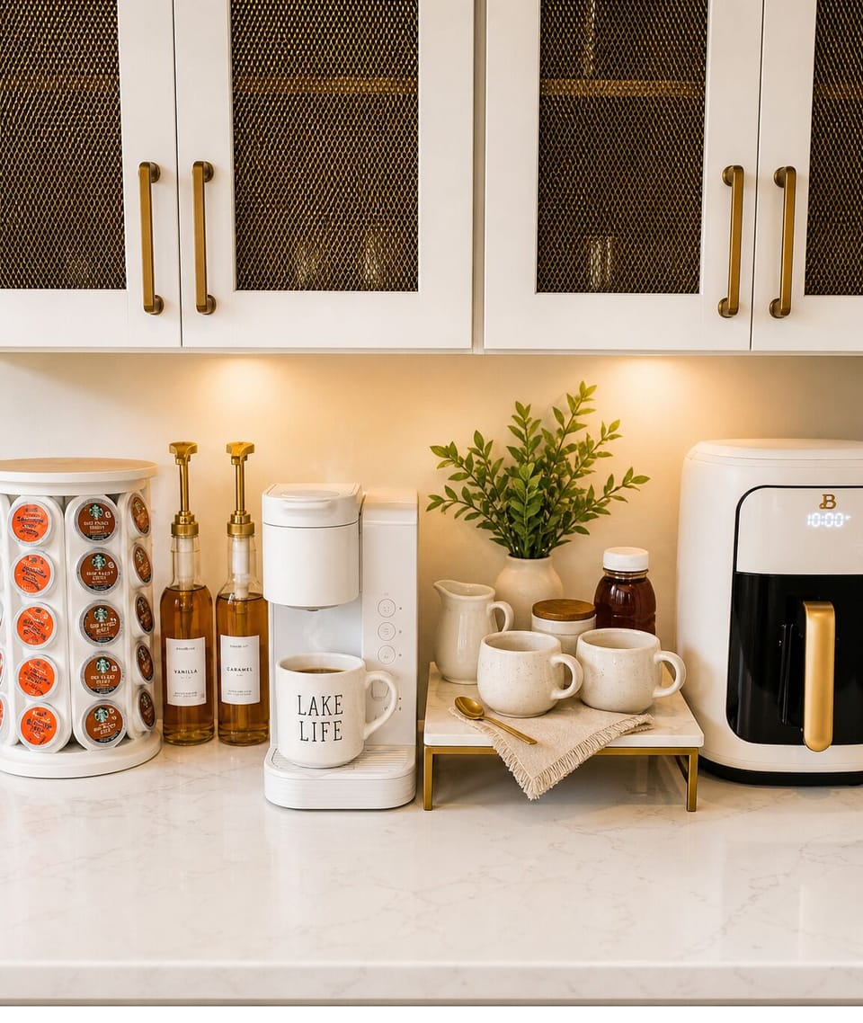 Coffee bar with Keurig, drip coffee, pods, flavored syrup, creamer, honey.