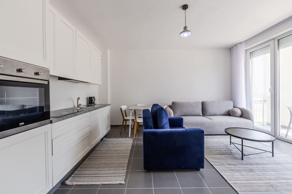 Living room and the fully-equipped kitchen