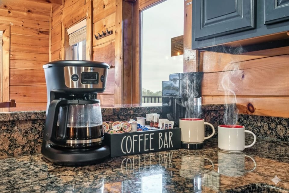 Our stocked coffee bar is ready for you with a drip coffee maker, and a Keurig and a starter set of coffee pods, coffee and creamer