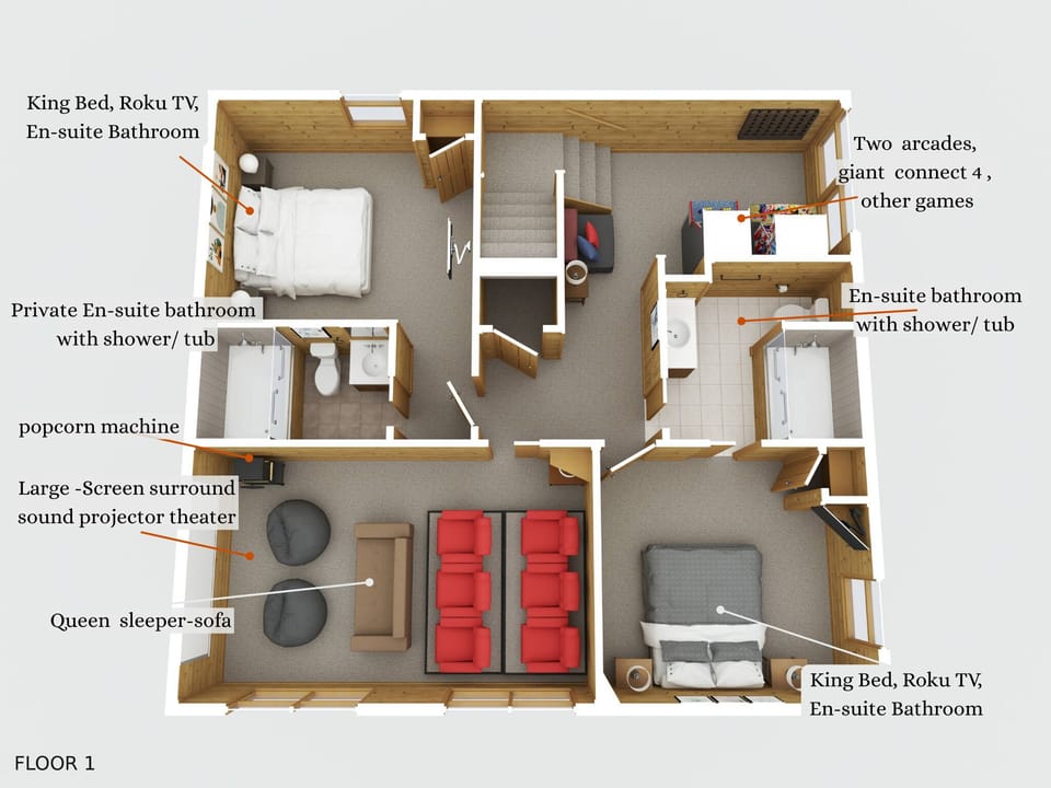 Lower level. two king suites, arcade with pac man and racing game, Large screen theater with theater seats, bean bag chairs and queen sleeper sofa.