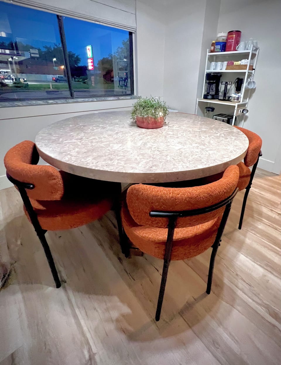 Dining area with coffee station in back.  Regular and decaf coffee and tea. 