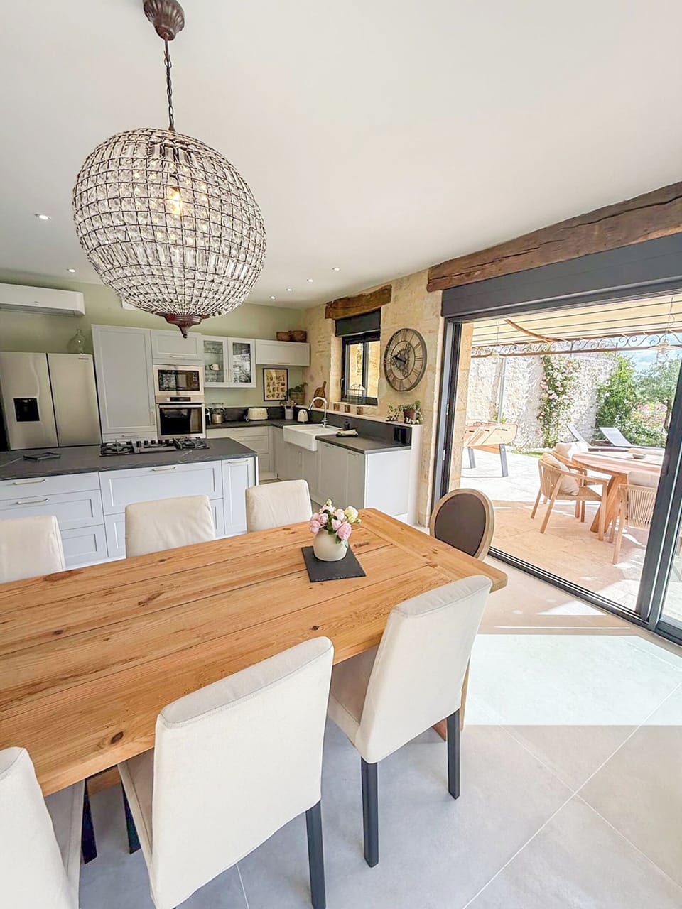 Open plan kitchen and dining area.