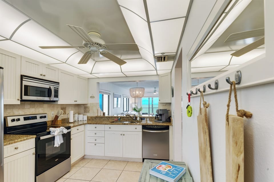 Our kitchen is well-equipped and fully connected to the rest of the living area.