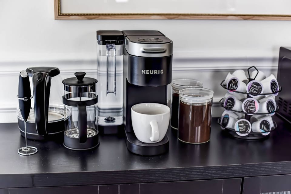 Kick-start your morning with your choice of coffee—Keurig, French press, or milk frother—at our fully stocked coffee bar.