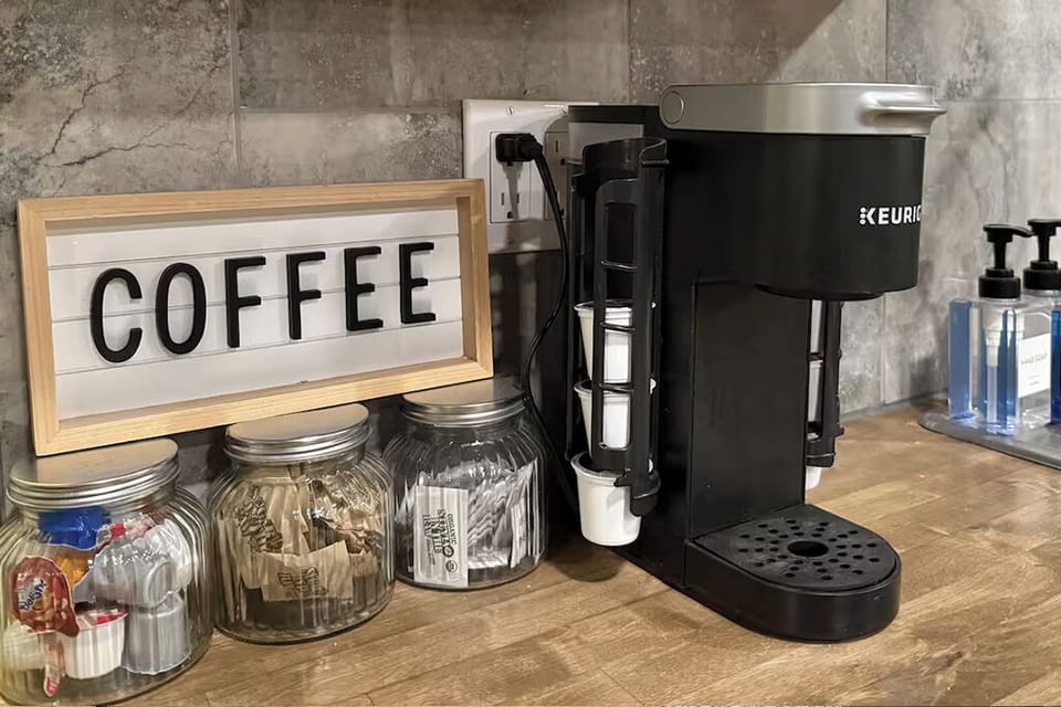 Coffee, tea and cocoa bar with all the fixings to make your stay cozy.