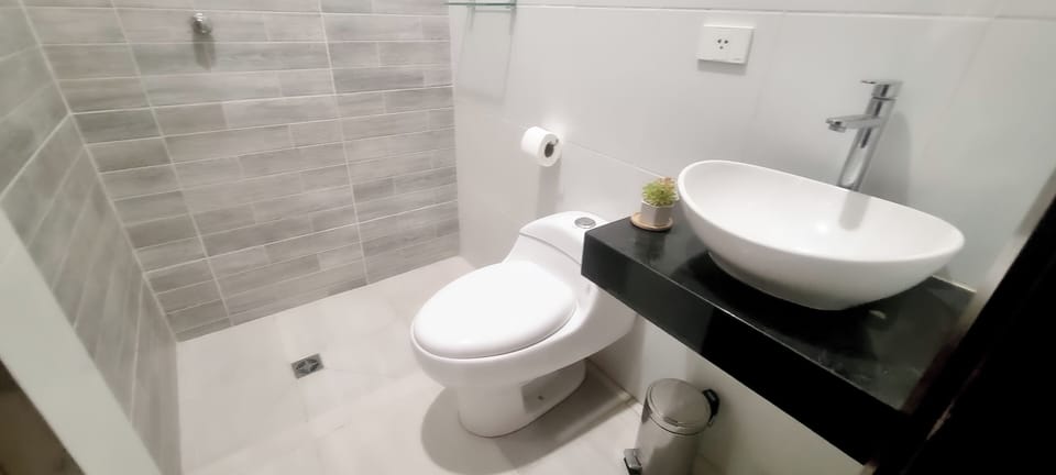 Shower, towels, soap, toilet paper