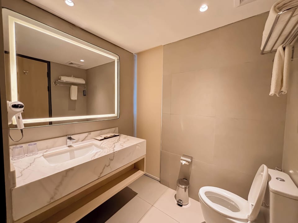 Hair dryer, slippers, bidet, towels