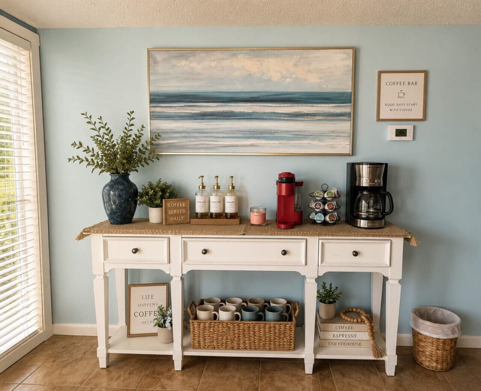Start your mornings at the cozy coffee bar featuring complimentary coffee essentials, perfect for relaxing lake mornings and weekend getaways.