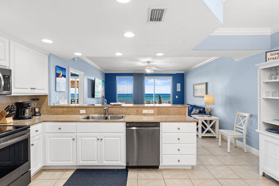 Modern kitchen with ocean views and open living space