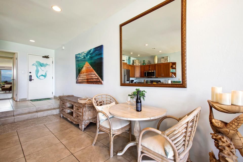 Open dining room with coastal charm and sunny atmosphere
