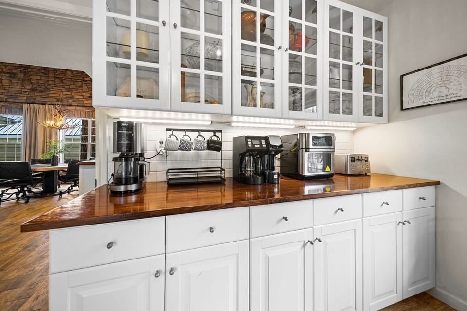 Extra kitchen space with coffee bar and appliances-so everyone can prep, cook, and gather without crowding.