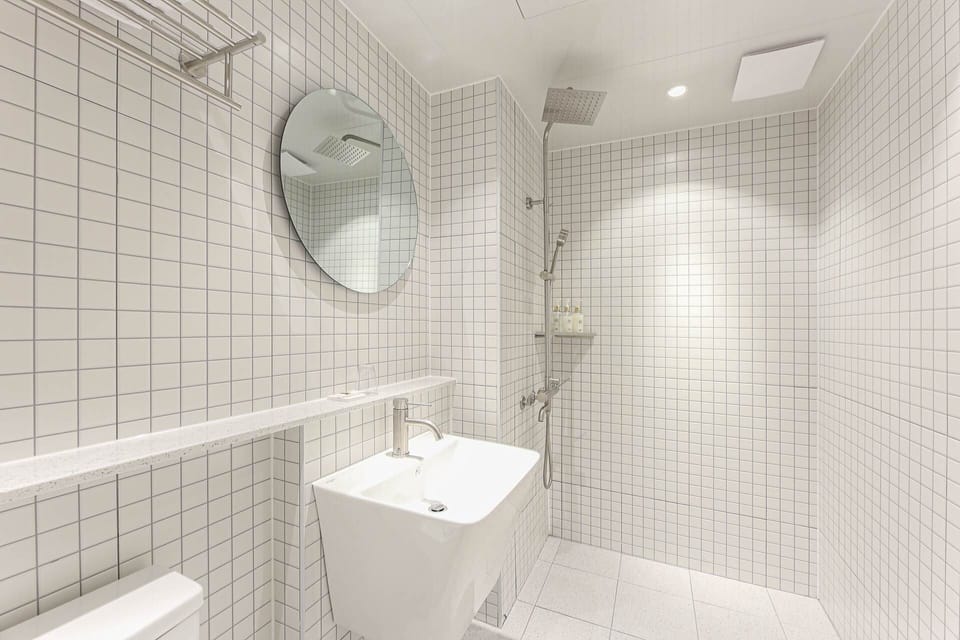 Hair dryer, towels, shampoo, toilet paper