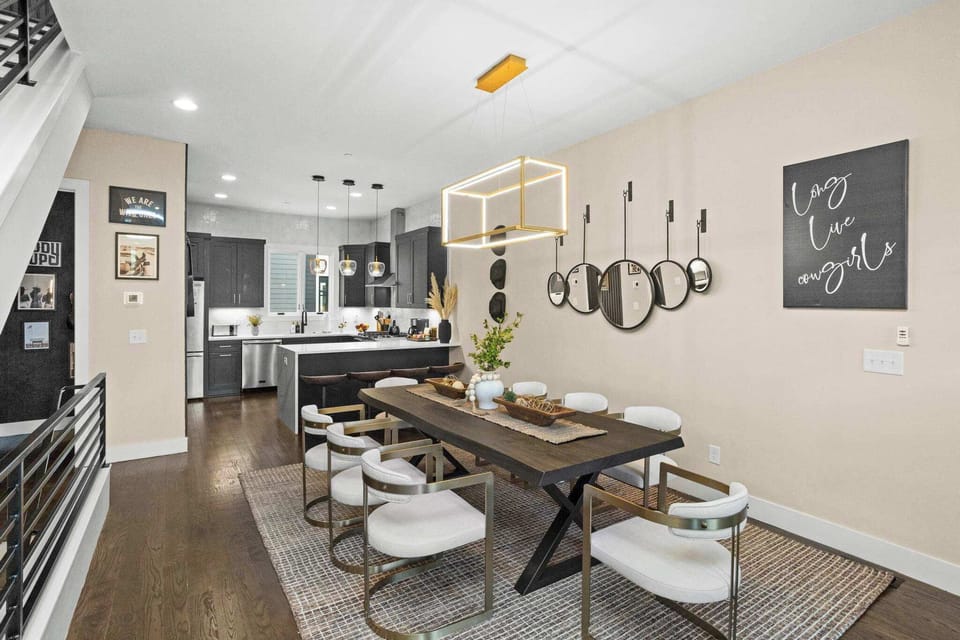 Proper dining table offering plenty of seating options! 