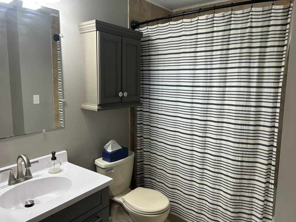 Full bath with tub/shower combo. 