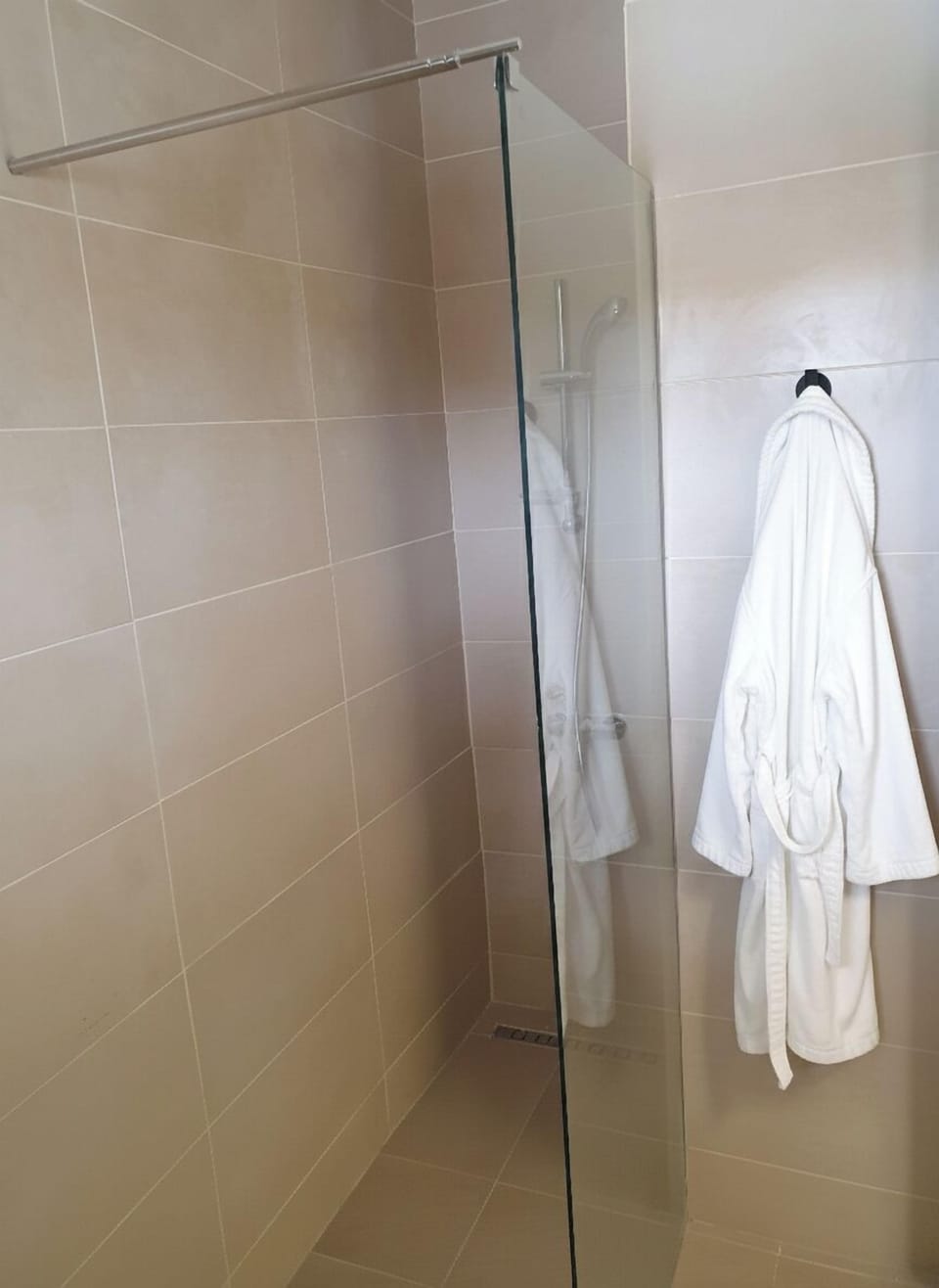 Shower, towels, soap, toilet paper