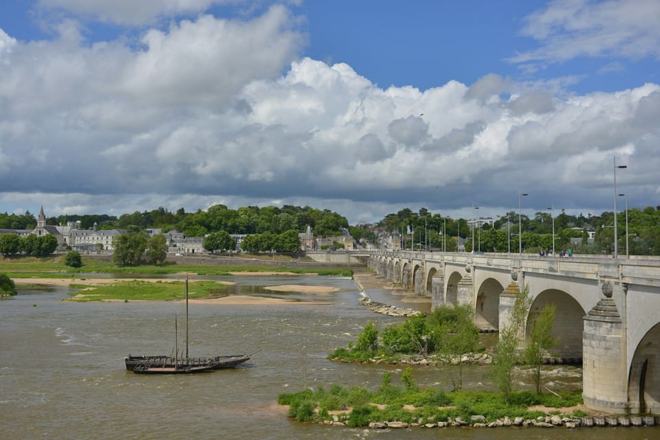 A traditional Loire flat-bottomed boat drifting beneath the graceful stone arches of Pont Wilson, with the wooded banks of Tours beyond.