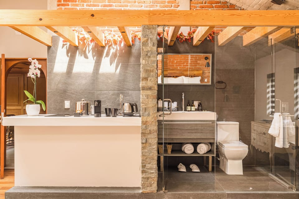 Skylight King Suite | Bathroom | Shower, designer toiletries, hair dryer, bathrobes