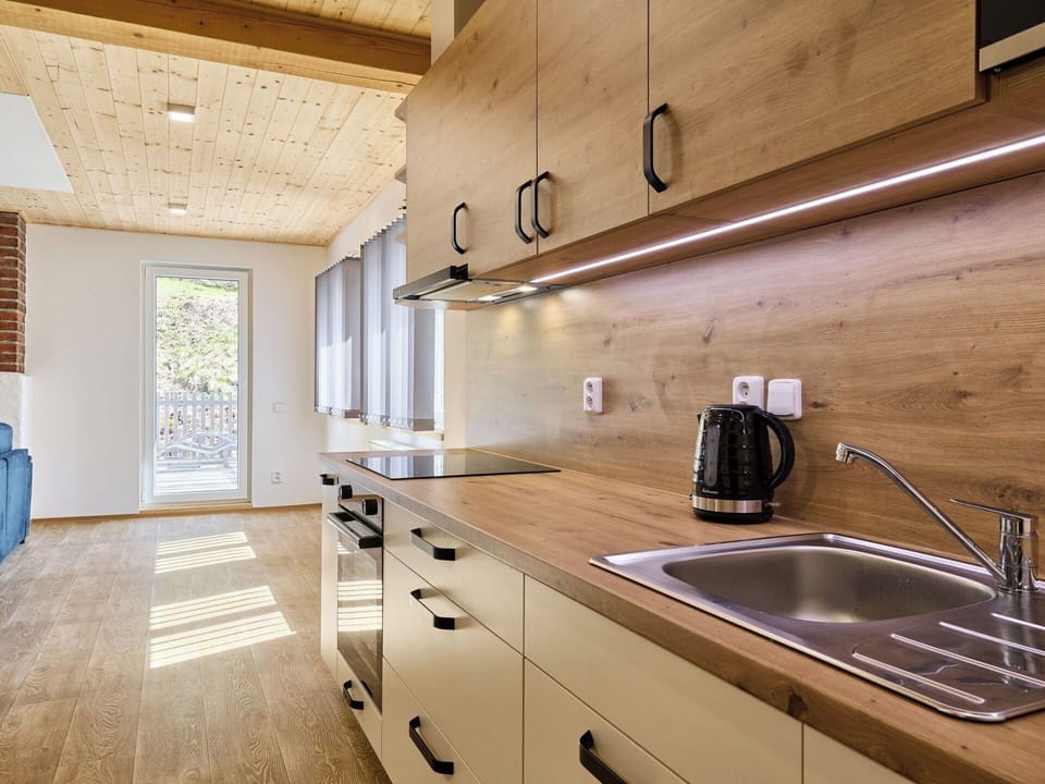 Countertop, Kitchen, Wood, Flooring, Interior Design, Cabinetry, Floor, Sink, Furniture, Kitchen Appliance
