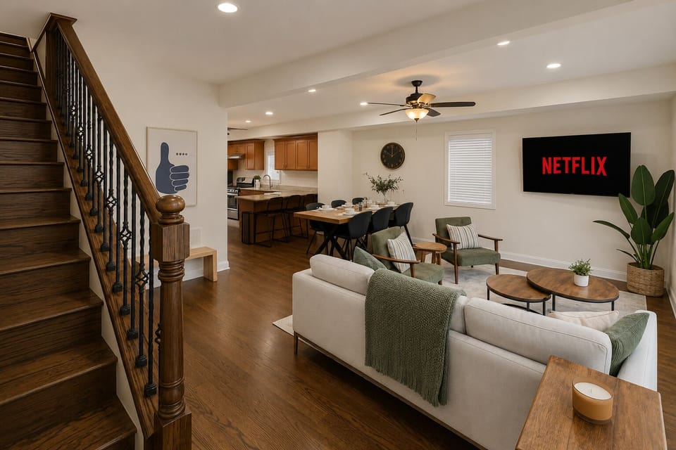 Open-concept lounge with dining area, smart TV, and stylish full kitchen