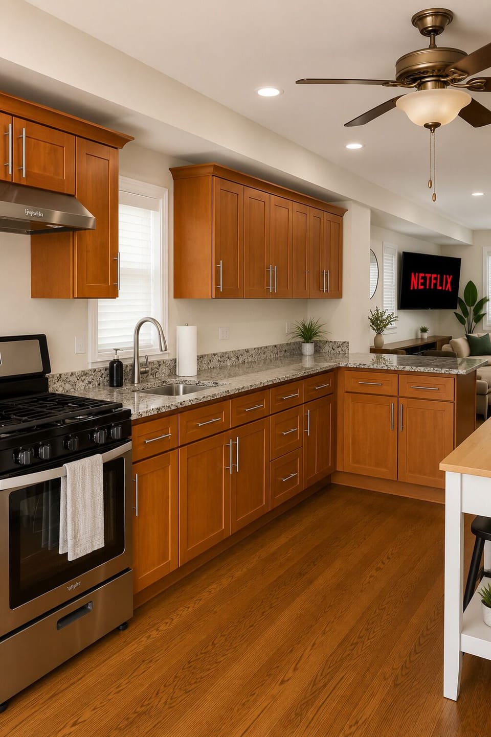 Bright modern kitchen with granite counters and open living area