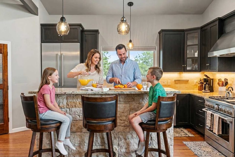 Gather around the oversized island for coffee, conversation, and home-cooked meals in the heart of the home.