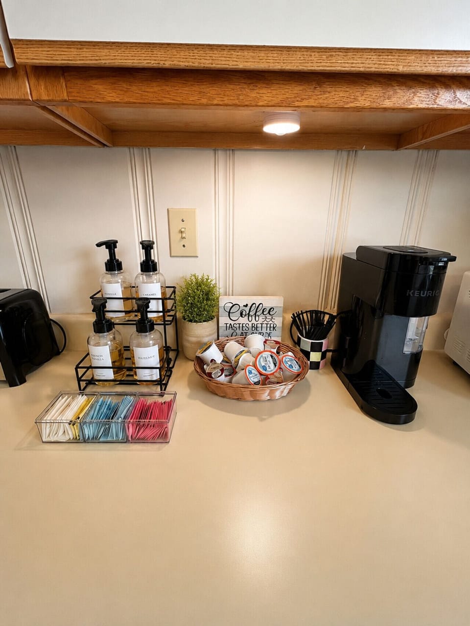Fully stocked coffee bar.