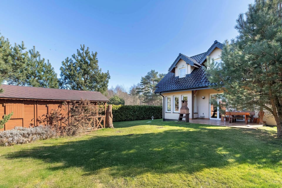 View outside the house surrounded by greenery, lawn and trees.