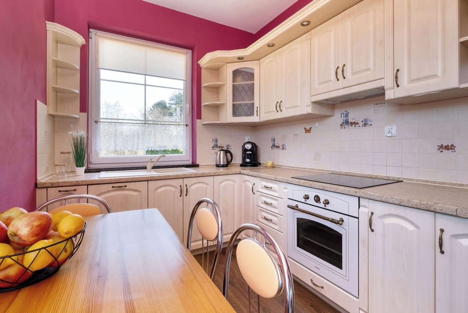 Fully equipped kitchen with induction cooktop, oven, microwave, electric kettle, refrigerator with freezer and dishwasher.