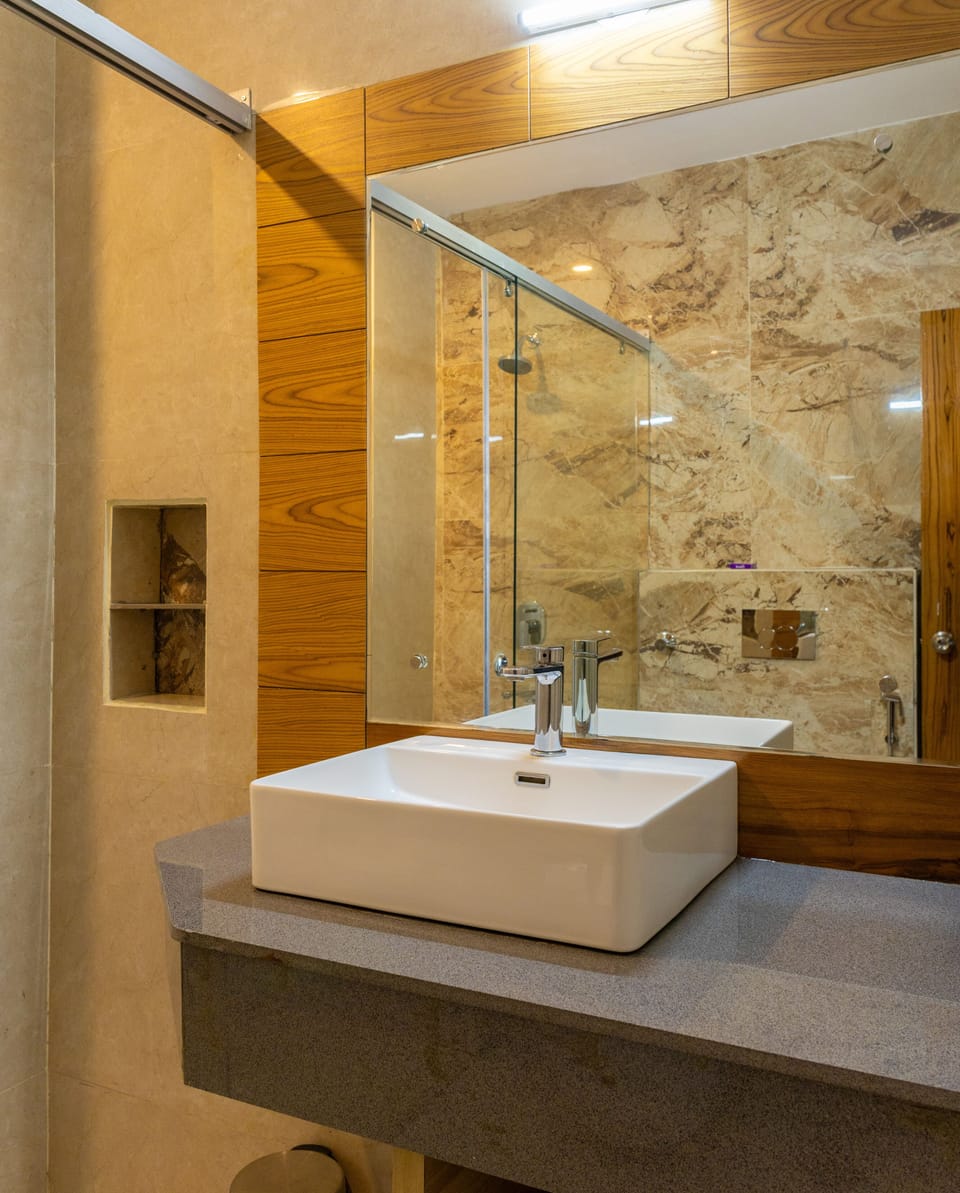 Shower, slippers, towels, soap