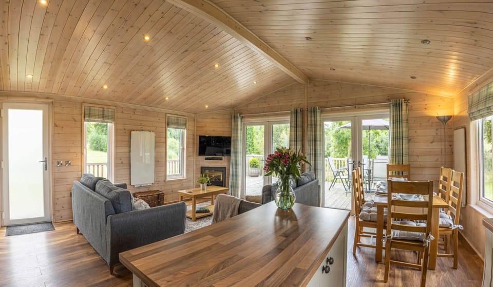 Open plan dining and living room with TV and electric log burner