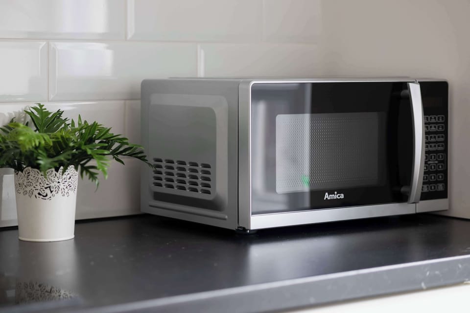 A microwave placed on a sleek counter, accompanied by a small green plant in a white pot.