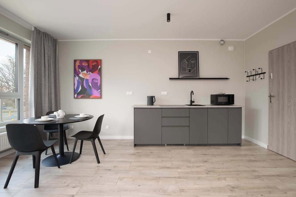 The sleek design of the kitchenette blending seamlessly with the living area.